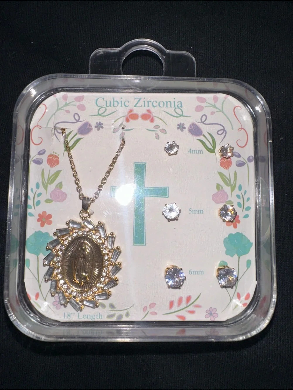 Virgin Mary Oval Pendant Necklace & CZ Stud Set — Gold Tone, 18
